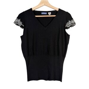 ACROBAT Silk Cashmere Black V Neck Embellished Sleeve Knit Sweater Top Women's M